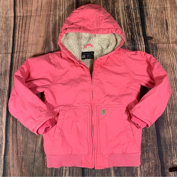 Carhartt Canvas Hooded Jacket Toddler Size S 7/8 Pink Sherpa Lined OJ9566-G - Picture 2 of 14
